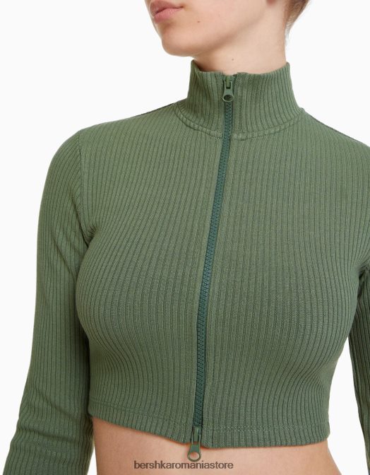 Bershka femei cardigan decupat cu gât înalt, cu fermoar kaki Z86D961 îmbrăcăminte