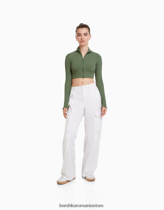 Bershka femei cardigan decupat cu gât înalt, cu fermoar kaki Z86D961 îmbrăcăminte