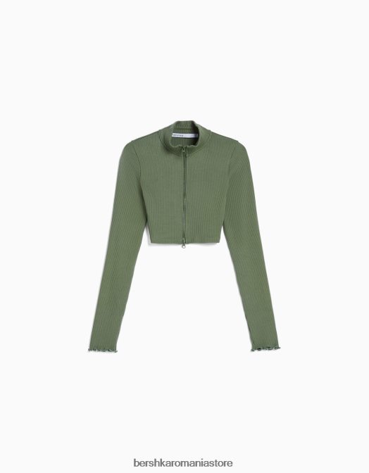 Bershka femei cardigan decupat cu gât înalt, cu fermoar kaki Z86D961 îmbrăcăminte
