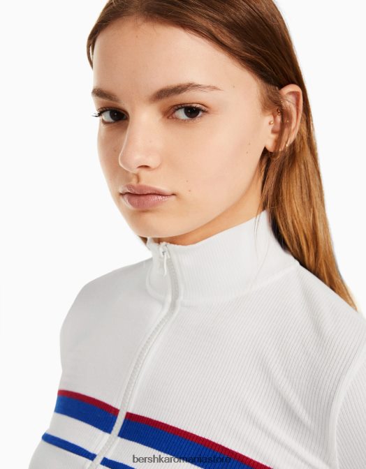 Bershka femei cardigan în dungi cu fermoar alb Z86D1075 îmbrăcăminte