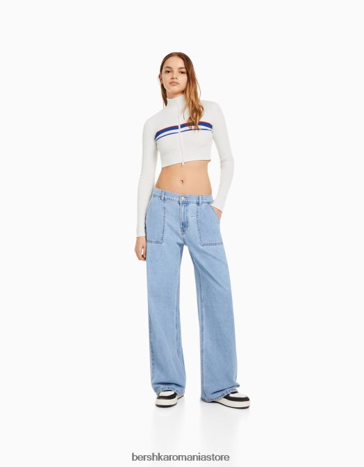 Bershka femei cardigan în dungi cu fermoar alb Z86D1075 îmbrăcăminte