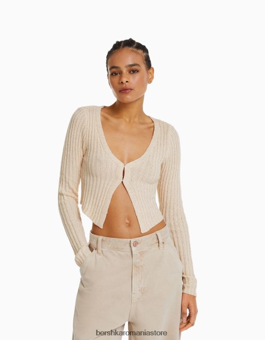 Bershka femei cardigan rustic decupat cremă Z86D995 îmbrăcăminte