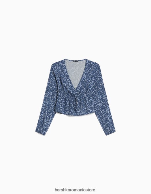 Bershka femei bluză cu mânecă lungă cu imprimeu floral și cravată marina Z86D948 îmbrăcăminte