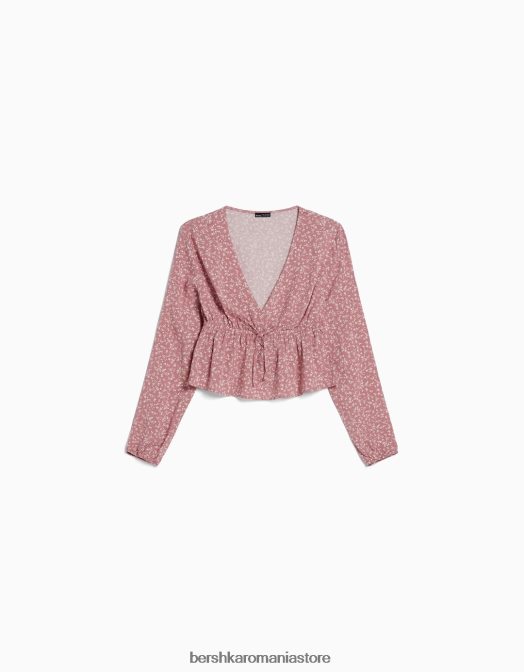 Bershka femei bluză cu mânecă lungă cu imprimeu floral și cravată roz Z86D949 îmbrăcăminte