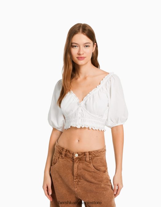 Bershka femei bluză cu mânecă scurtă cu broderie elvețiană și detaliu încrețit alb Z86D914 îmbrăcăminte