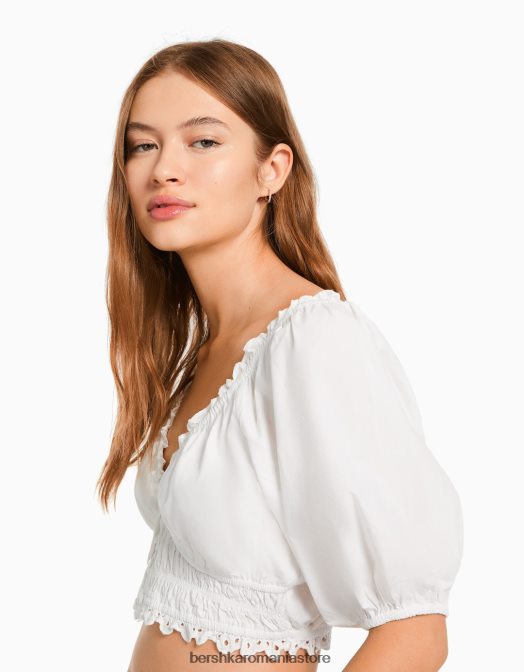 Bershka femei bluză cu mânecă scurtă cu broderie elvețiană și detaliu încrețit alb Z86D914 îmbrăcăminte