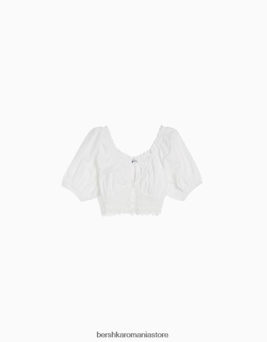 Bershka femei bluză cu mânecă scurtă cu broderie elvețiană și detaliu încrețit alb Z86D914 îmbrăcăminte