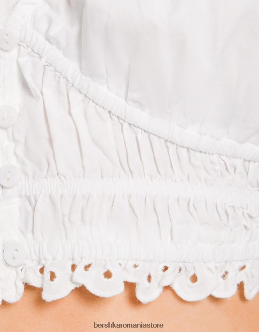 Bershka femei bluză cu mânecă scurtă cu broderie elvețiană și detaliu încrețit alb Z86D914 îmbrăcăminte