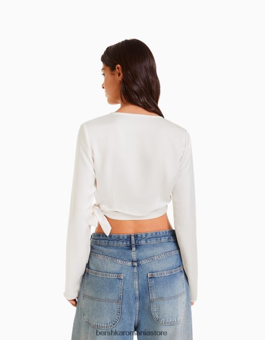 Bershka femei bluză de balet încrucișată cu mânecă lungă cu finisaj satinat bej Z86D939 îmbrăcăminte