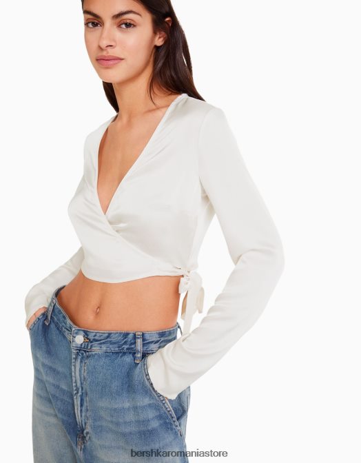 Bershka femei bluză de balet încrucișată cu mânecă lungă cu finisaj satinat bej Z86D939 îmbrăcăminte