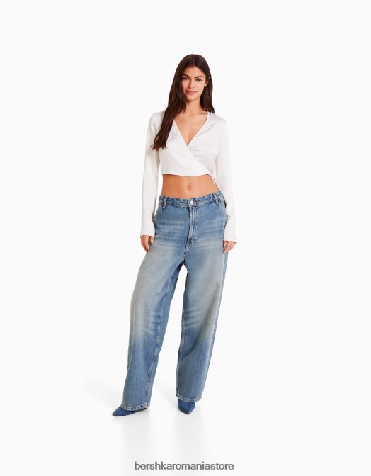 Bershka femei bluză de balet încrucișată cu mânecă lungă cu finisaj satinat bej Z86D939 îmbrăcăminte