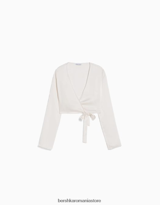 Bershka femei bluză de balet încrucișată cu mânecă lungă cu finisaj satinat bej Z86D939 îmbrăcăminte