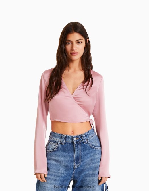 Bershka femei bluză de balet încrucișată cu mânecă lungă cu finisaj satinat roz Z86D938 îmbrăcăminte