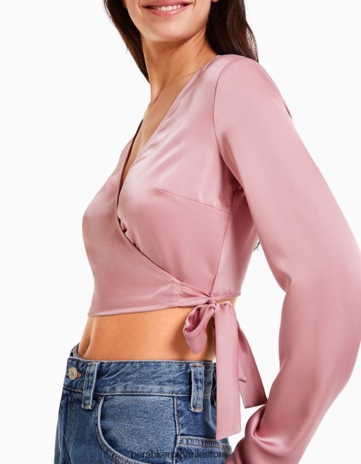 Bershka femei bluză de balet încrucișată cu mânecă lungă cu finisaj satinat roz Z86D938 îmbrăcăminte