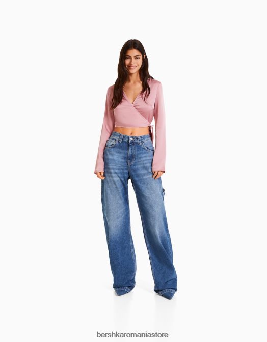 Bershka femei bluză de balet încrucișată cu mânecă lungă cu finisaj satinat roz Z86D938 îmbrăcăminte