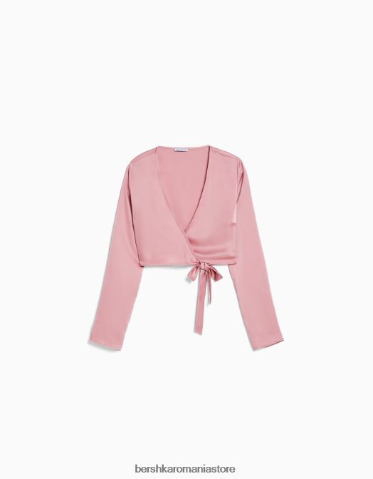 Bershka femei bluză de balet încrucișată cu mânecă lungă cu finisaj satinat roz Z86D938 îmbrăcăminte