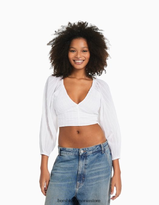 Bershka femei bluză voluminoasă cu mânecă lungă, cu decolteu în V aproape alb Z86D951 îmbrăcăminte