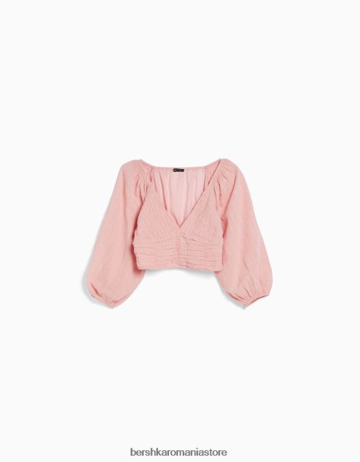 Bershka femei bluză voluminoasă cu mânecă lungă, cu decolteu în V gri Z86D950 îmbrăcăminte