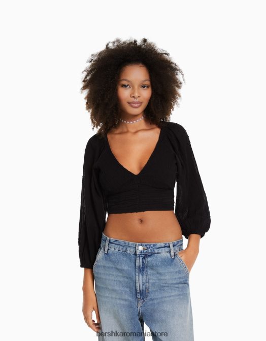 Bershka femei bluză voluminoasă cu mânecă lungă, cu decolteu în V negru Z86D952 îmbrăcăminte