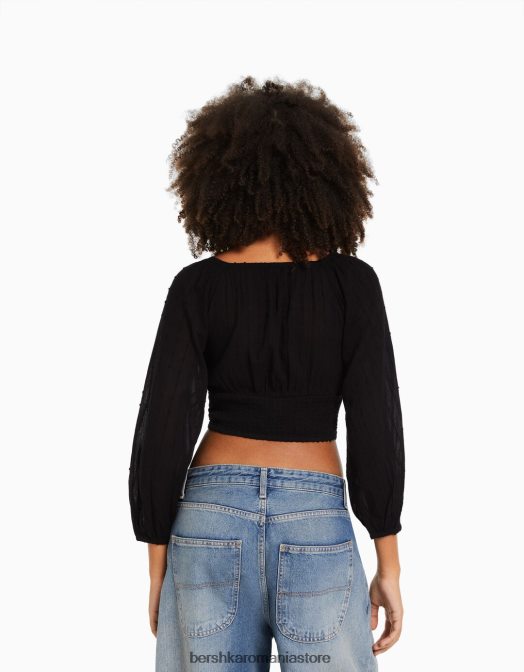 Bershka femei bluză voluminoasă cu mânecă lungă, cu decolteu în V negru Z86D952 îmbrăcăminte