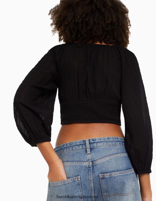 Bershka femei bluză voluminoasă cu mânecă lungă, cu decolteu în V negru Z86D952 îmbrăcăminte