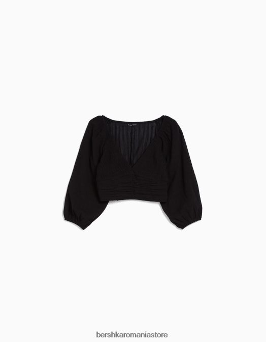 Bershka femei bluză voluminoasă cu mânecă lungă, cu decolteu în V negru Z86D952 îmbrăcăminte