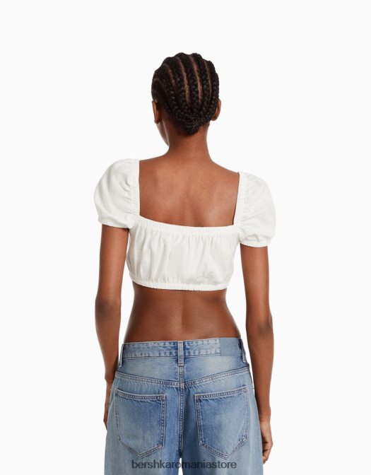Bershka femei Crop top cu mânecă scurtă din amestec de in, cu detaliu adunat alb Z86D899 îmbrăcăminte