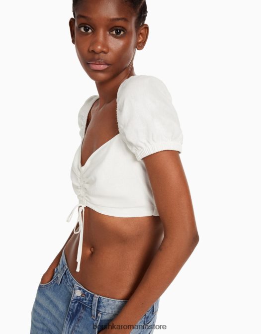 Bershka femei Crop top cu mânecă scurtă din amestec de in, cu detaliu adunat alb Z86D899 îmbrăcăminte