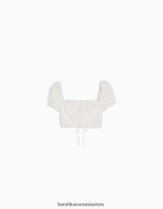 Bershka femei Crop top cu mânecă scurtă din amestec de in, cu detaliu adunat alb Z86D899 îmbrăcăminte