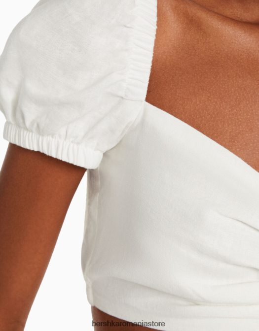 Bershka femei Crop top cu mânecă scurtă din amestec de in, cu detaliu adunat alb Z86D899 îmbrăcăminte