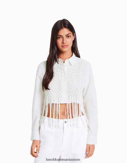 Bershka femei cămașă decupată cu mânecă lungă, cu detaliu din macrame alb Z86D922 îmbrăcăminte