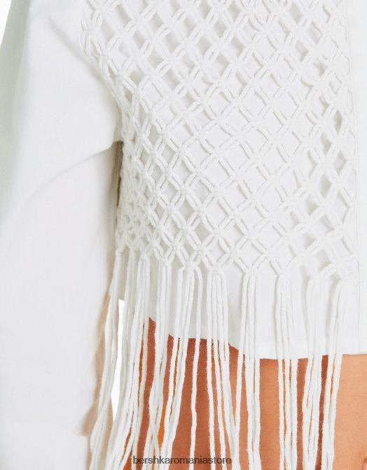 Bershka femei cămașă decupată cu mânecă lungă, cu detaliu din macrame alb Z86D922 îmbrăcăminte