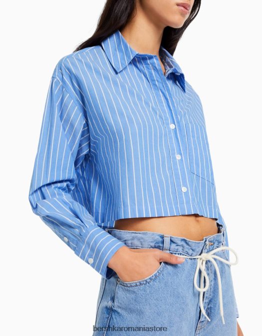 Bershka femei cămașă decupată din poplin cu mânecă lungă albastru deschis Z86D934 îmbrăcăminte