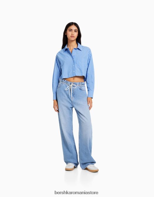 Bershka femei cămașă decupată din poplin cu mânecă lungă albastru deschis Z86D934 îmbrăcăminte