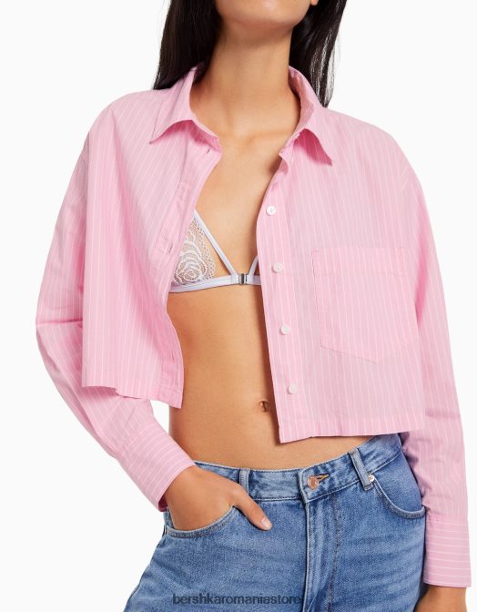 Bershka femei cămașă decupată din poplin cu mânecă lungă roz Z86D932 îmbrăcăminte