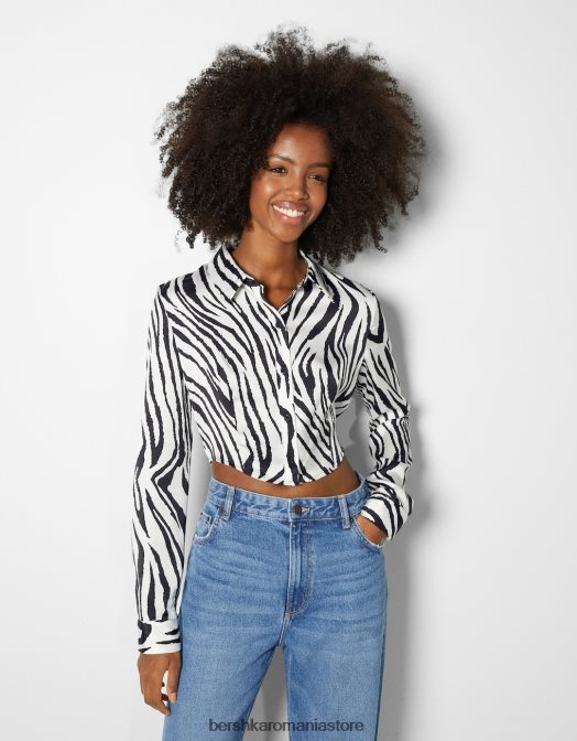 Bershka femei cămașă din satin decupată cu mânecă lungă alb negru Z86D925 îmbrăcăminte