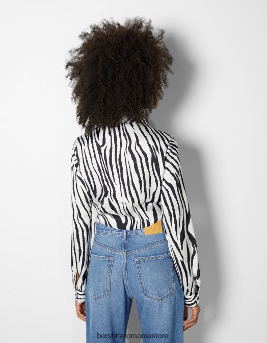Bershka femei cămașă din satin decupată cu mânecă lungă alb negru Z86D925 îmbrăcăminte