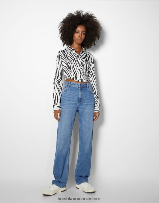 Bershka femei cămașă din satin decupată cu mânecă lungă alb negru Z86D925 îmbrăcăminte