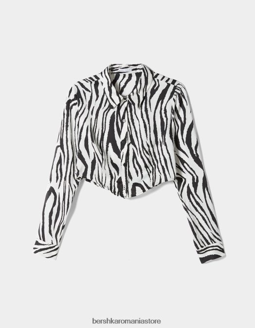 Bershka femei cămașă din satin decupată cu mânecă lungă alb negru Z86D925 îmbrăcăminte