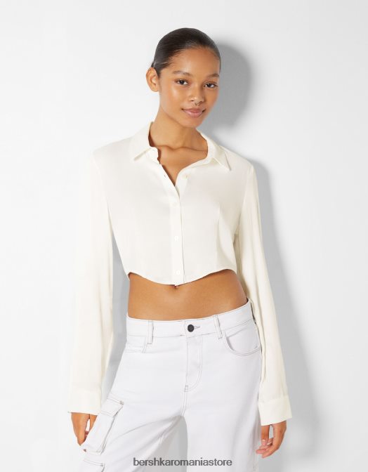 Bershka femei cămașă din satin decupată cu mânecă lungă cremă Z86D923 îmbrăcăminte
