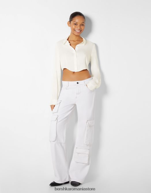 Bershka femei cămașă din satin decupată cu mânecă lungă cremă Z86D923 îmbrăcăminte