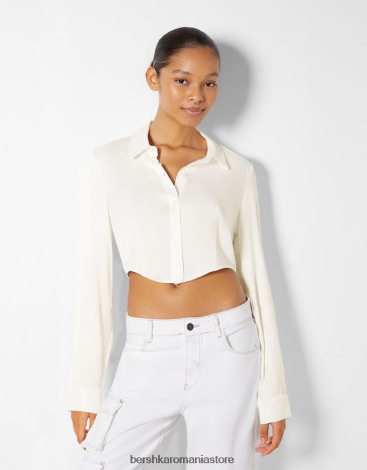 Bershka femei cămașă din satin decupată cu mânecă lungă cremă Z86D924 îmbrăcăminte