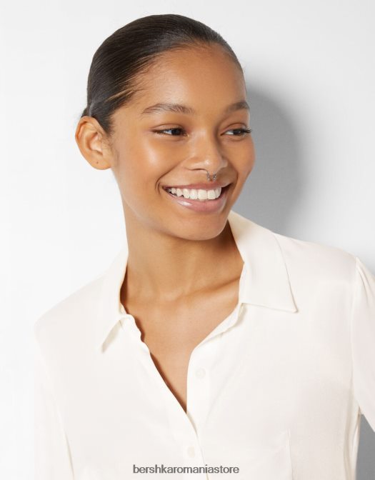 Bershka femei cămașă din satin decupată cu mânecă lungă cremă Z86D924 îmbrăcăminte