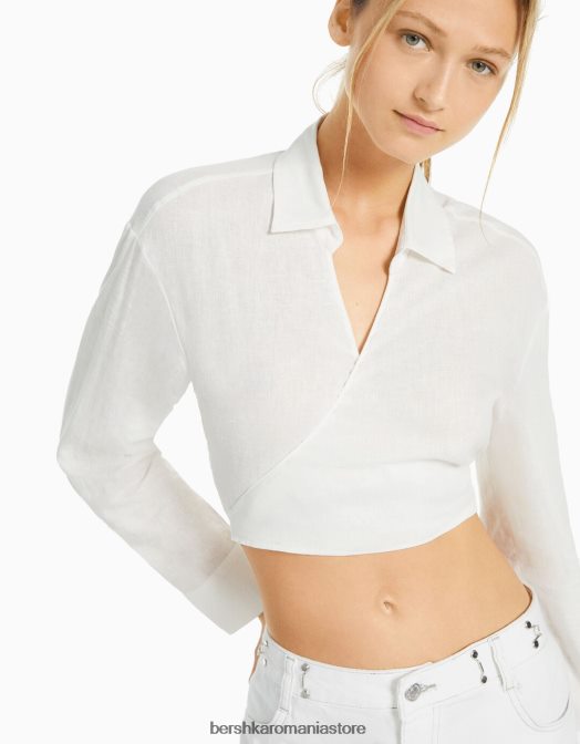 Bershka femei cămașă încrucișată cu mânecă lungă din amestec de in alb Z86D909 îmbrăcăminte