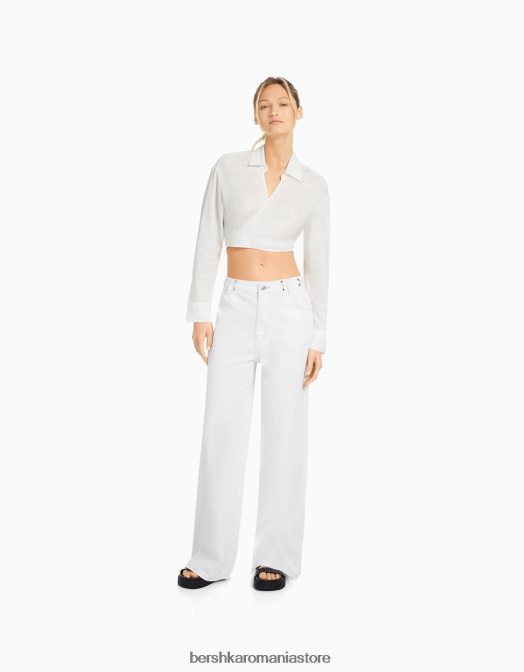 Bershka femei cămașă încrucișată cu mânecă lungă din amestec de in alb Z86D909 îmbrăcăminte