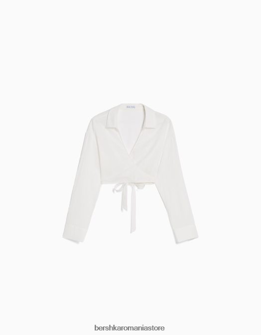 Bershka femei cămașă încrucișată cu mânecă lungă din amestec de in alb Z86D909 îmbrăcăminte