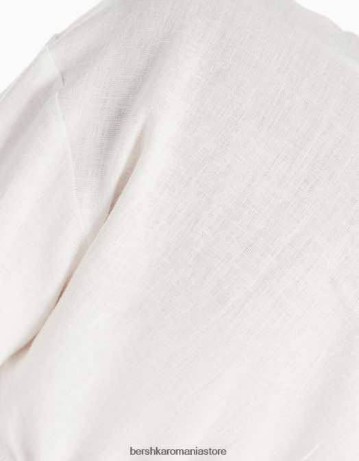 Bershka femei cămașă încrucișată cu mânecă lungă din amestec de in alb Z86D909 îmbrăcăminte
