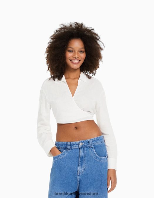 Bershka femei cămașă încrucișată cu mânecă lungă din amestec de in alb Z86D910 îmbrăcăminte