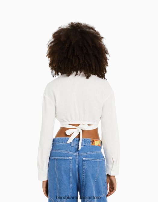 Bershka femei cămașă încrucișată cu mânecă lungă din amestec de in alb Z86D910 îmbrăcăminte