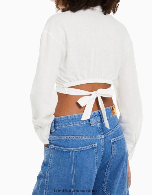 Bershka femei cămașă încrucișată cu mânecă lungă din amestec de in alb Z86D910 îmbrăcăminte